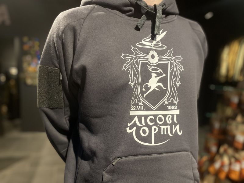 Сіре худі з емблемою фонду «Лісові Чорти» на грудях